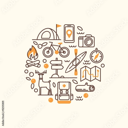 Vacation, camping, hiking, adventure, extreme sports, outdoor recreation, wilderness collection. Camping and hiking equipment. Set of line vector icons.