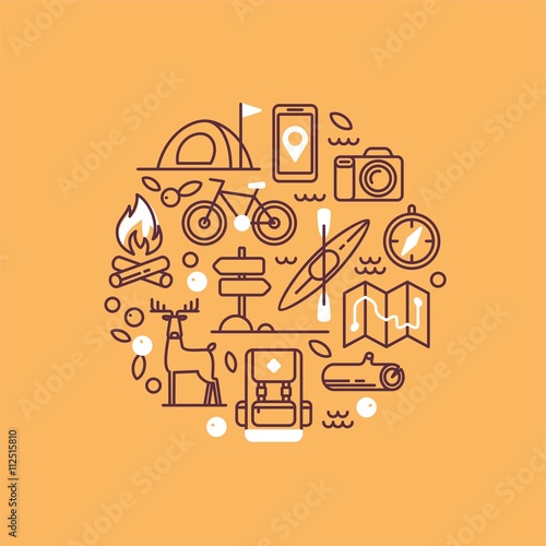 Vacation, camping, hiking, adventure, extreme sports, outdoor recreation, wilderness collection. Camping and hiking equipment. Set of line vector icons.
