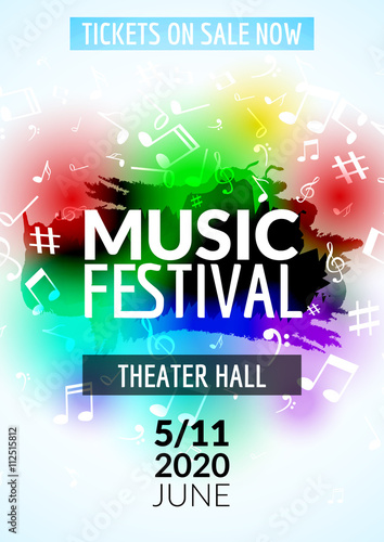 Colorful vector music festival concert template flyer. Musical flyer design poster with notes