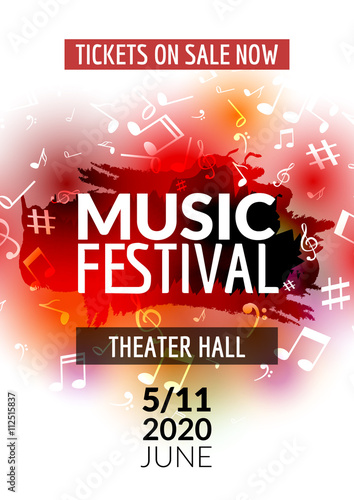 Colorful vector music festival concert template flyer. Musical flyer design poster with notes