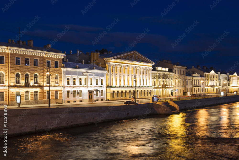 A view of the English Embankment in St. Petersburg at night, Russia