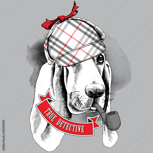 Poster with the image of a Basset Hound dog in a deerstalker with a tobacco pipe. Vector illustration.