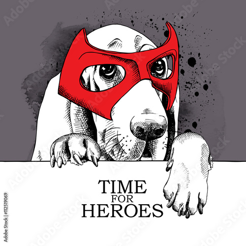 The poster with the portrait of the dog Basset Hound wearing the mask of hero. Vector illustration.