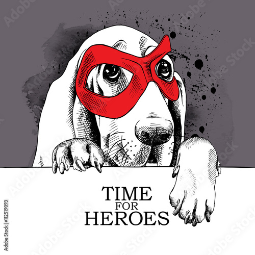 The poster with the portrait of the dog Basset Hound wearing the mask of hero. Vector illustration.