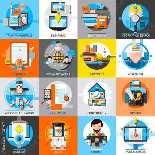 Online Education Flat Color Icons Set