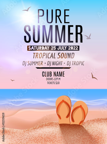 Tropic Summer Beach Party. Tropic Summer vacation and travel. Tropical poster colorful background island. Music summer party festival. DJ template.
