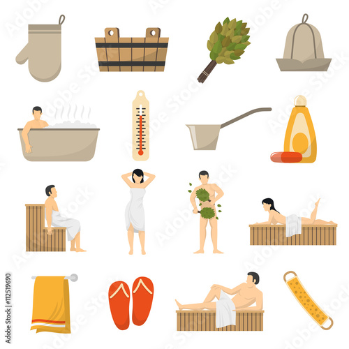 Bath Sauna Spa Flat Icons Set