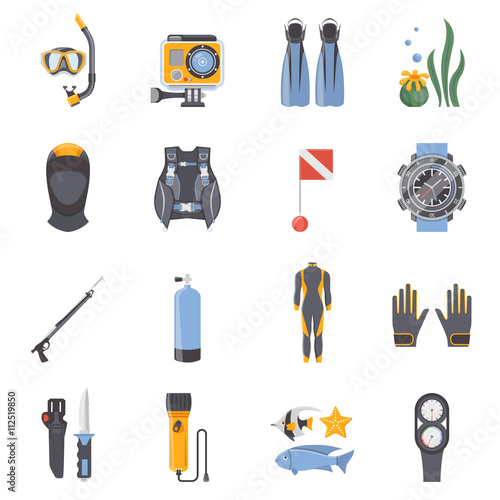 Diving And Snorkeling Flat Decorative Icons