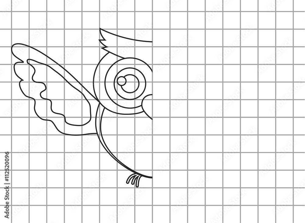 Fototapeta premium Children game finish owl draw. Vector cartoon illustration game. Line black simple owl