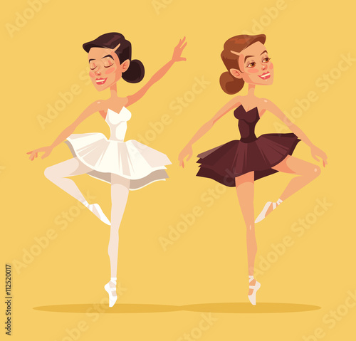 Ballerina in dance. Two black and white ballerina. Vector flat cartoon illustration