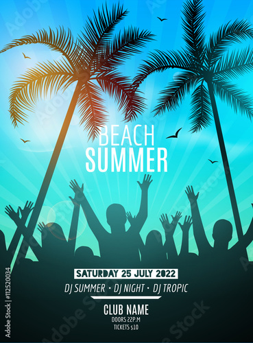 Summer beach party design template. Party people silhouette template. Dance disco poster flyer mockup
