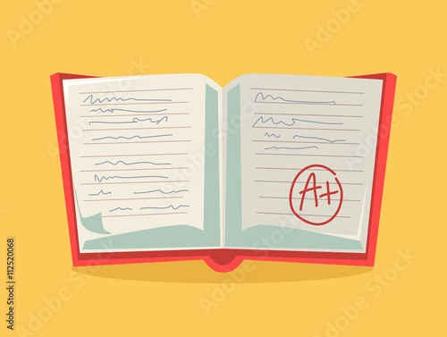 Good grade and excellent work. Examination notebook. Open notebook with good grade. Vector flat cartoon illustration