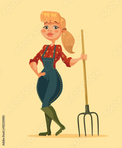 Farmer woman holding pitchfork. Happy farm girl. Vector flat cartoon illustration