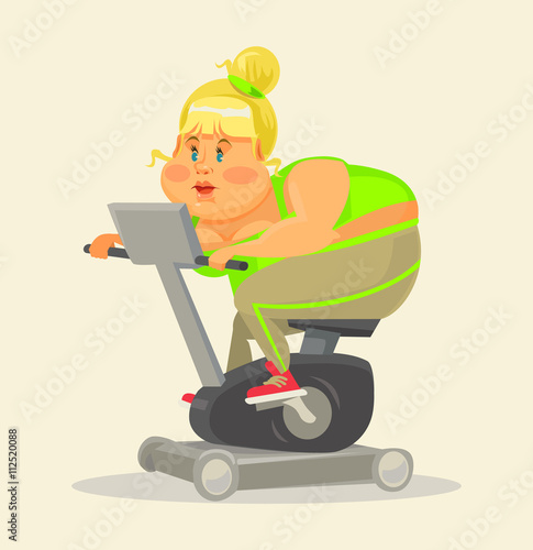 Fat woman in gym. Fat woman on exercise bike. Fitness flat cartoon illustration. Fat girl training