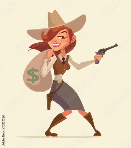 Cowgirl with pistol. Cowgirl thief. Western burglar girl hold money bag. Vector flat cartoon illustration