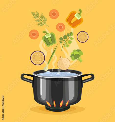 Boiled vegetables. Boiled water in pan. Vegetables in hot water. Soup recipe. Vector flat cartoon illustration