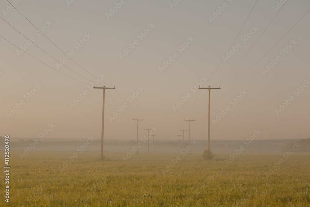 Voltage pole with light morning fog