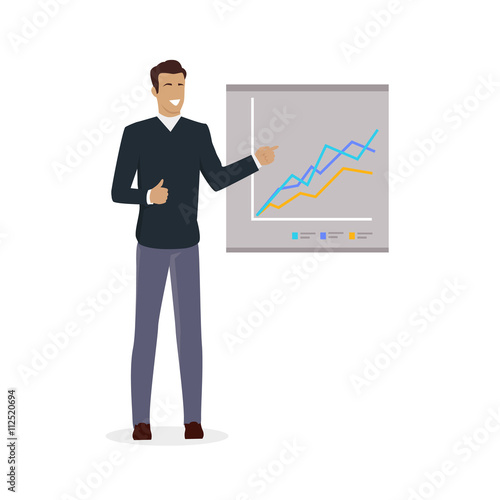 Man near Board with Carts and Graphs