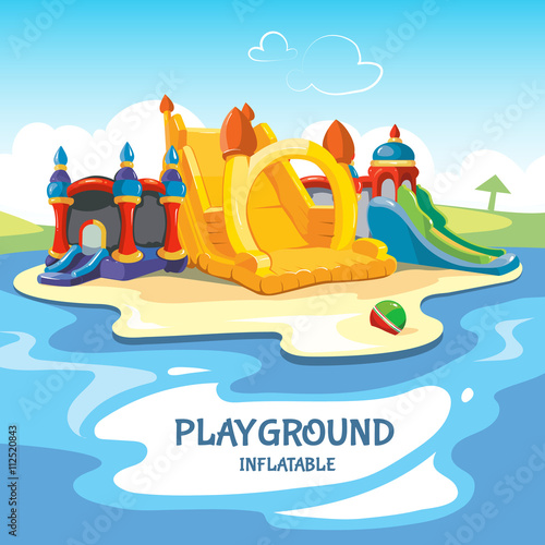 Vector illustration of inflatable castles and children hills on playground