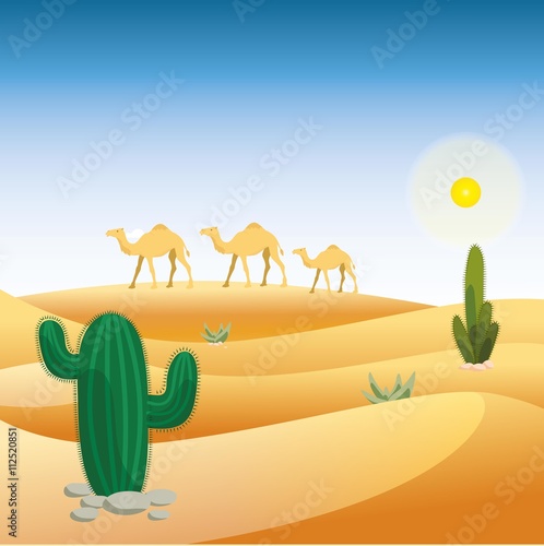 Desert with camels and cactus