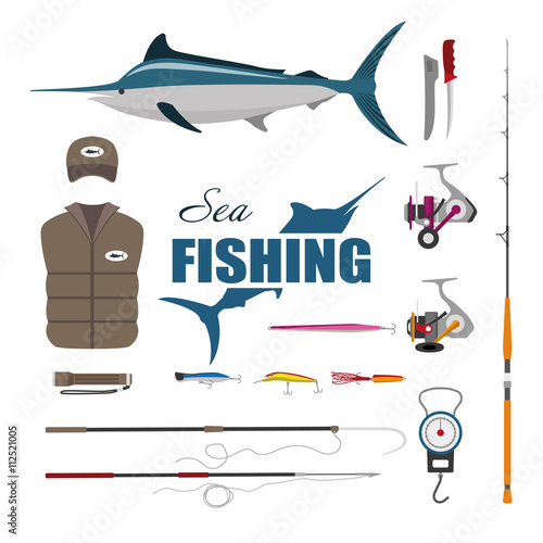 Set items fisherman . Sea fishing . Collection of fishing equipm