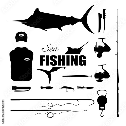 Set items fisherman . Sea fishing . Collection of silhouettes of