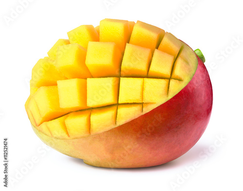 Mango slice cut to cubes isolated on white background, with clipping path
