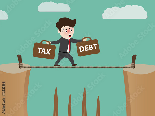 Businessman walks tightrope with tax and debt, vector illustration