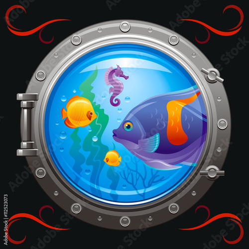 Blue porthole with colorful underwater life, fishes on black background