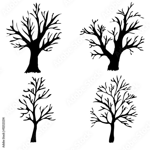 Vector illustration. Silhouettes of bare trees on a white background.
