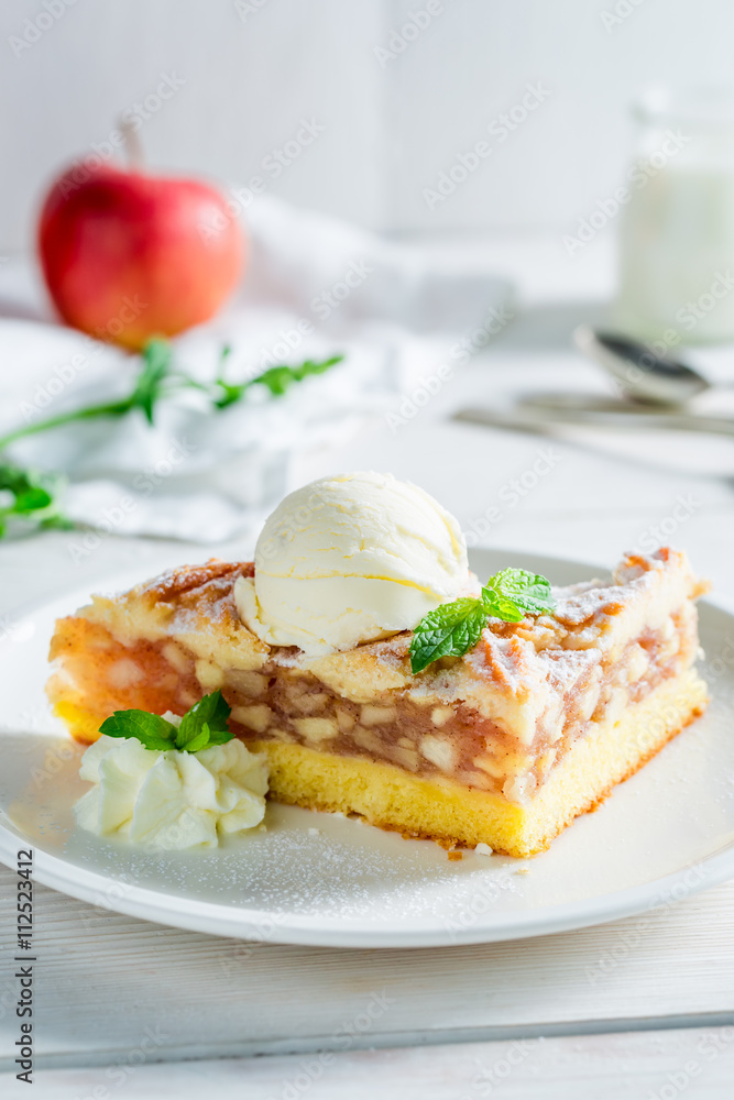 Homemade wanilla ice cream and apple pie made of fresh apples Homemade wanilla ice cream and apple pie made of fresh apples