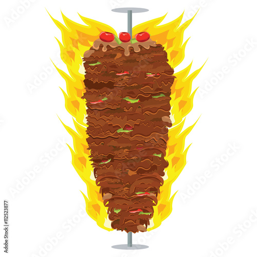 Vector illustration of Doner Kebab on pole, grilling with fat.
