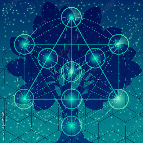 Tree with sacred geometry symbols and elements. Sacred mesh background. Sacred mesh with triangles, circles and squares. Geometric religion sign.