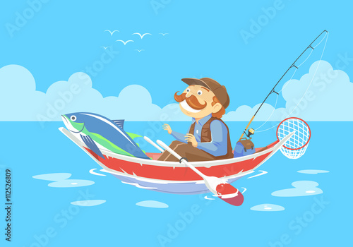 cartoon man no fishing boat, vector