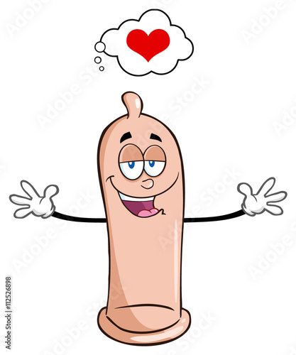 Happy Condom Cartoon Character With Open Arms And A Heart