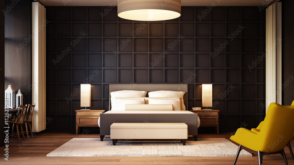 Simple and Luxury Bedroom hotel / 3D rendering interior - obrazy, fototapety, plakaty 