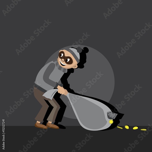 thief in the mask in the hood in a gray dress pulls night bag. a bag full of coins, coins through the hole poured on the earth, vector illustration, cartoon