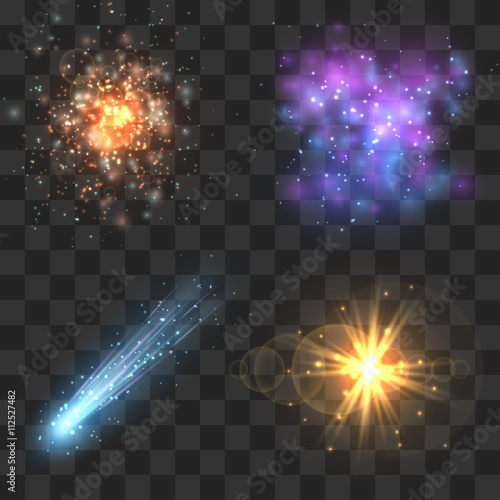 Space cosmos objects, comet, meteor, stars explosion on transparence checkered background. Universe explosion or fly star, meteor light and asteroid in universe. Vector illustration