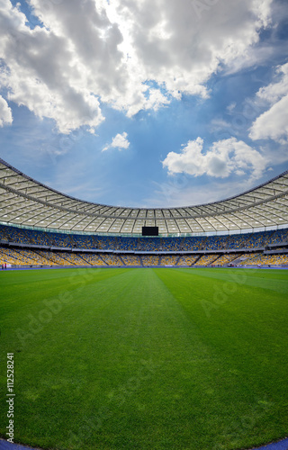 soccer stadium, green grass, blue sky, 