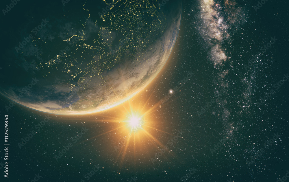 Obraz premium sunrise view of earth from space with milky way galaxy, 3d rendering