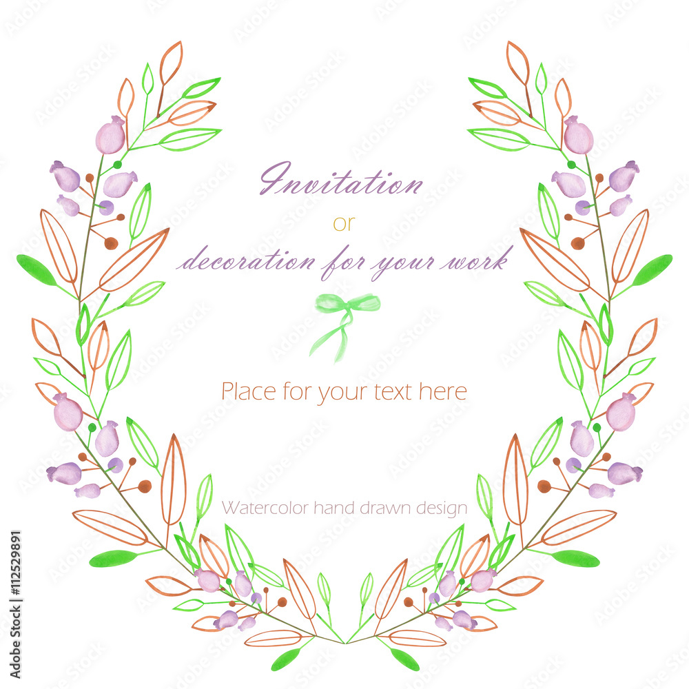Circle frame, wreath of the pastel green and brown branches and purple berries, hand drawn in a watercolor on a white background, greeting card, decoration postcard or invitation
