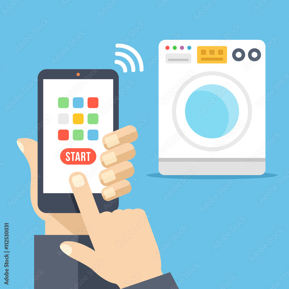 Washing machine controlled via smartphone with wifi. Smartphone remote  washer control app. Hand holds cellphone with buttons, finger touch screen.  Flat design vector illustration Stock Vector | Adobe Stock