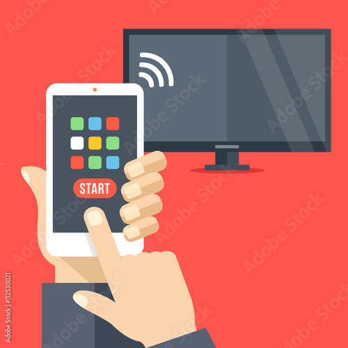Tv set controlled via smartphone with wifi. Smartphone remote control app. Hand holds cellphone with buttons. Modern flat design vector illustration