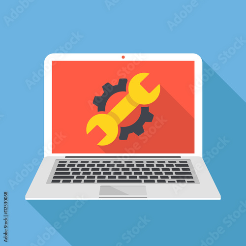 Laptop with cog and wrench repair icon. Repair service, maintenance, customization, restore concepts. Flat design vector illustration