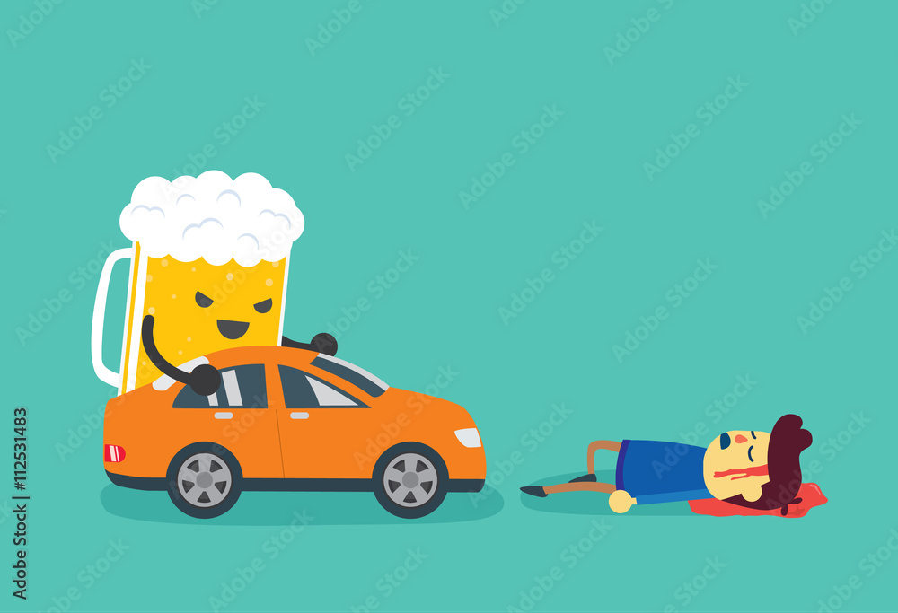 Beer lifting a car crash with road signs. This illustration