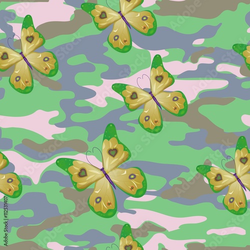 Butterfly on the green military background pattern seamless