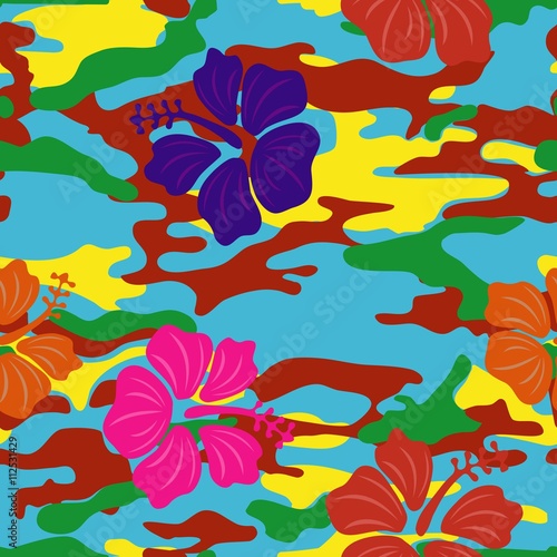 Multicolored hibiscus on the military background pattern seamless