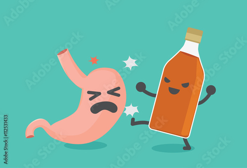 Liquor bottles attack the liver. This illustration meaning to drinking many alcohol damages the liver.
