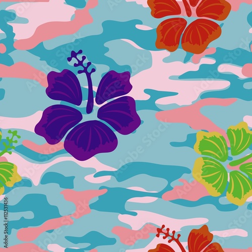 Multicolored hibiscus on the pink blue military background pattern seamless