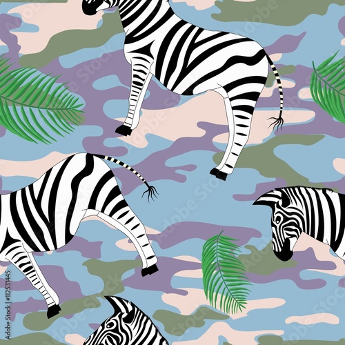 Zebra and palm leaves on the military background pattern seamless